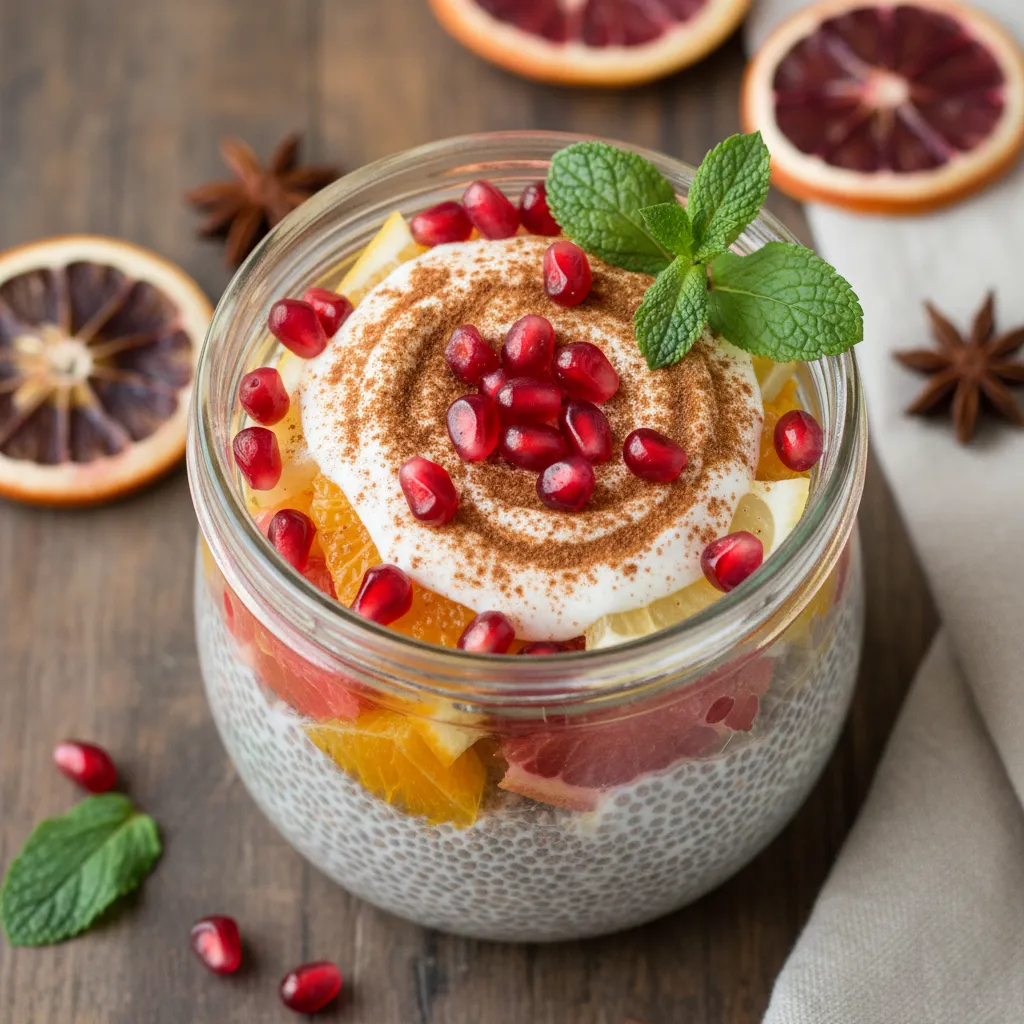Cinnamon-Spiced Winter Citrus Chia Pudding with Pomegranate Pearls