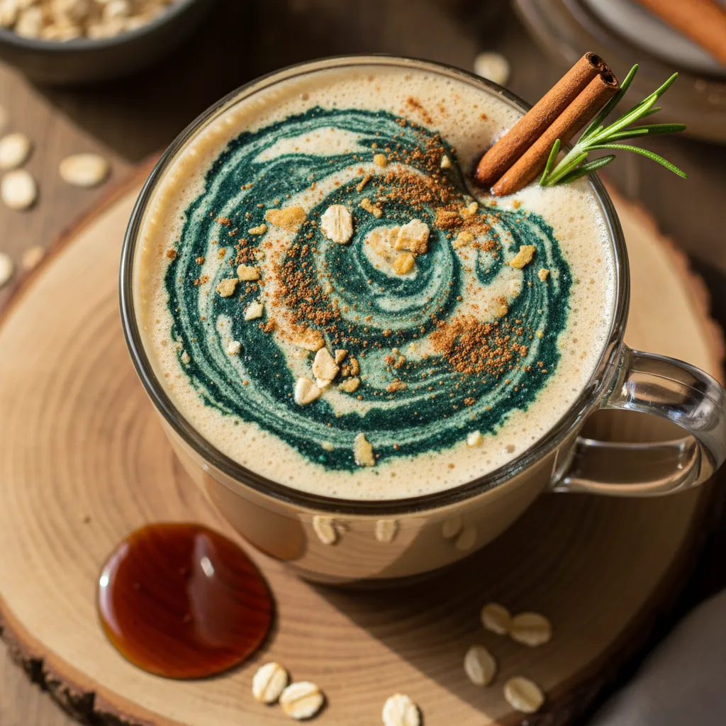 Cinnamon Maple Oat Milk Latte with Spirulina Swirl