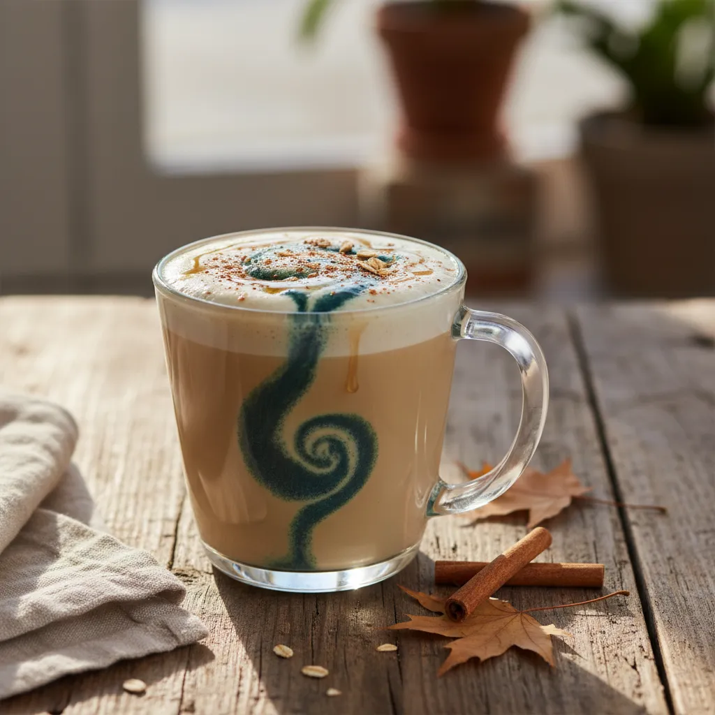 Cinnamon Maple Oat Milk Latte with Spirulina Swirl
