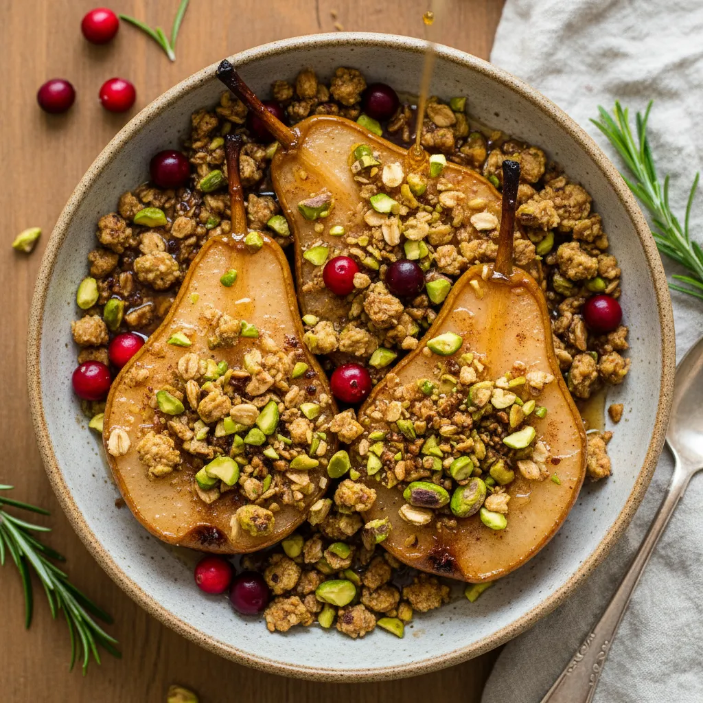 Cinnamon Maple Roasted Pears with Pistachio Crumble