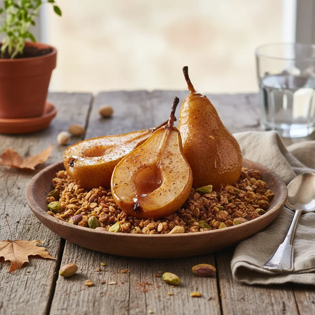 Cinnamon Maple Roasted Pears with Pistachio Crumble