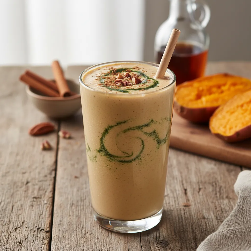 Cinnamon Maple Sweet Potato Smoothie with Spirulina Swirl