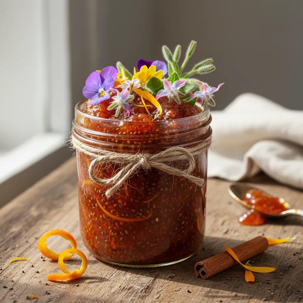 Cinnamon Orange-Spiced Chia Jam with Edible Flower Garnish