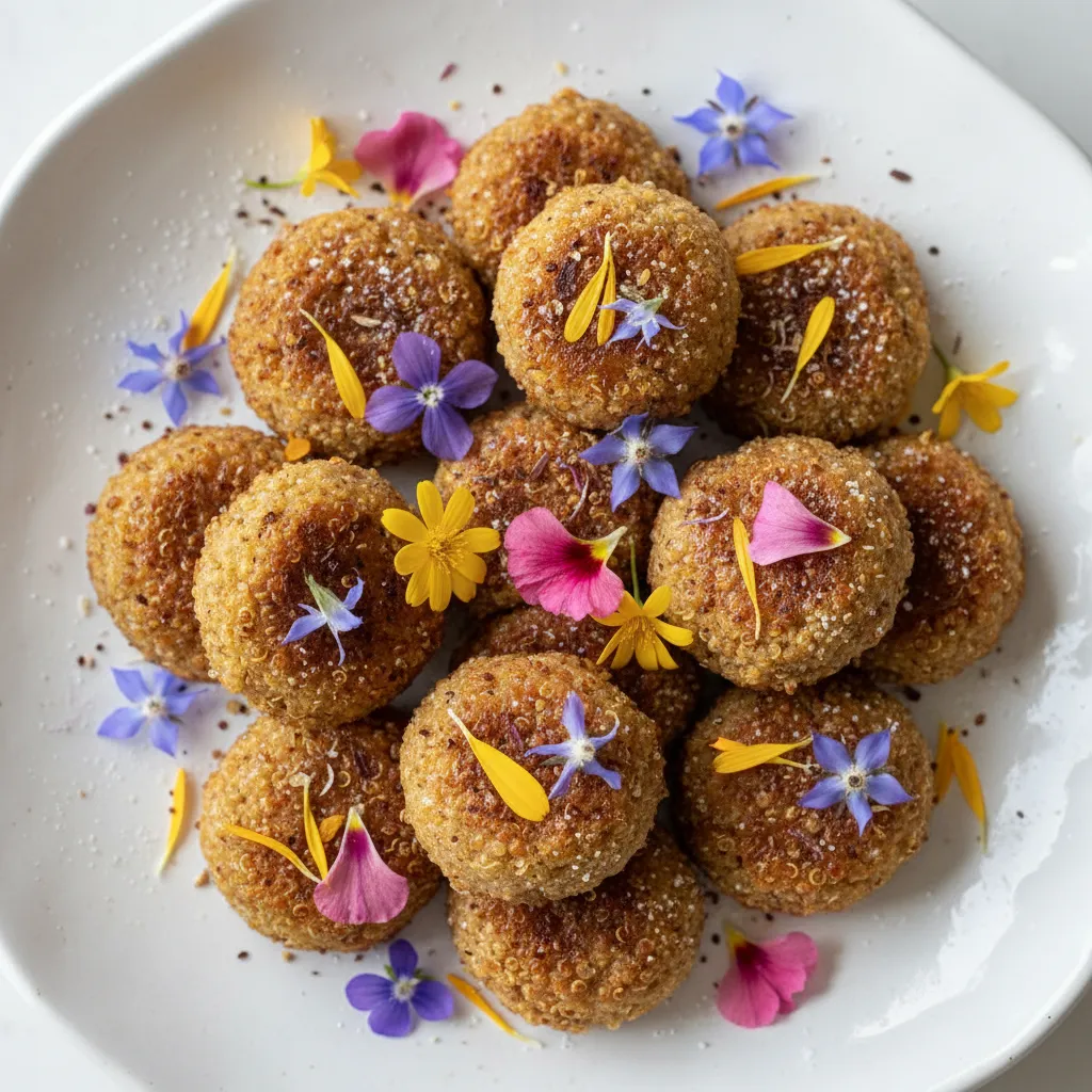 Cinnamon Spiced Maple Quinoa Bites with Edible Flower Garnish
