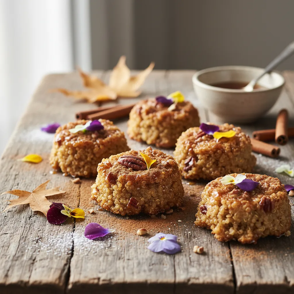 Cinnamon Spiced Maple Quinoa Bites with Edible Flower Garnish