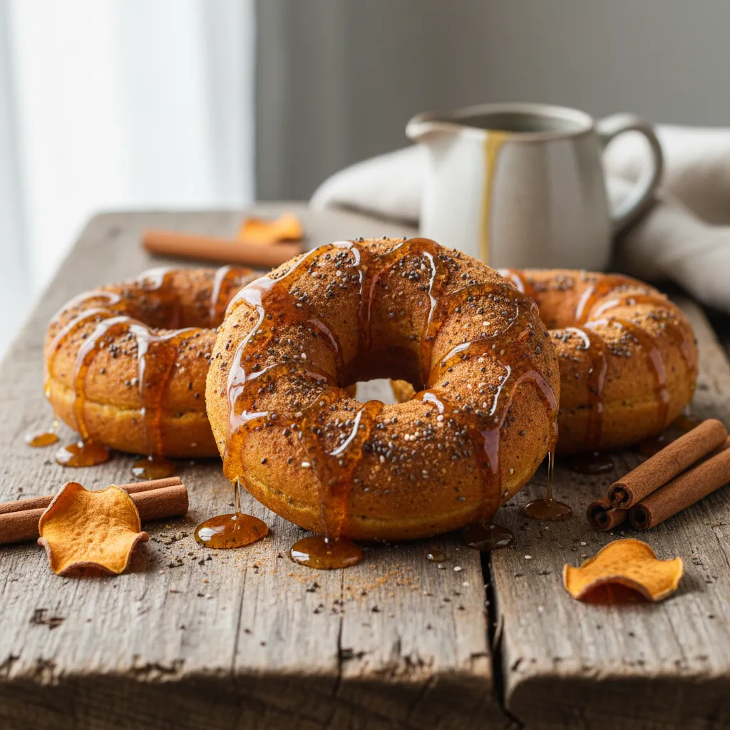 Cinnamon Spiced Sweet Potato Chia Donuts with Maple Drizzle