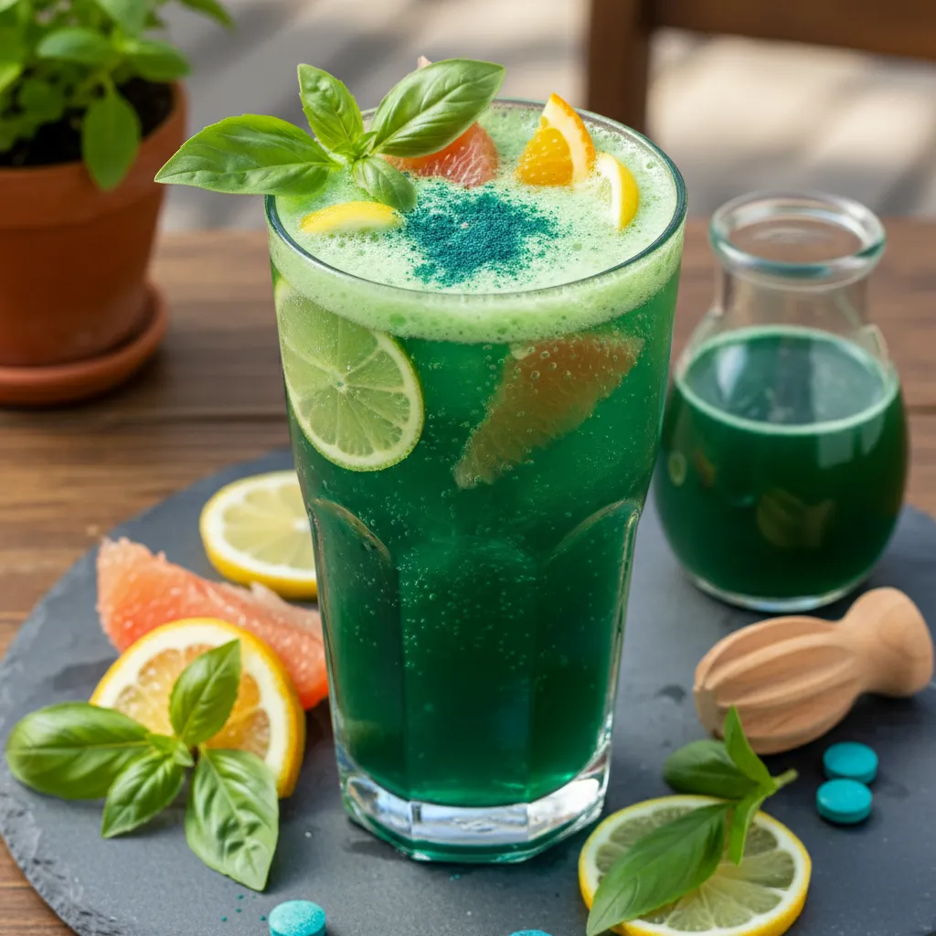 Citrus-Basil Green Tea Spritzer with Spirulina Infusion