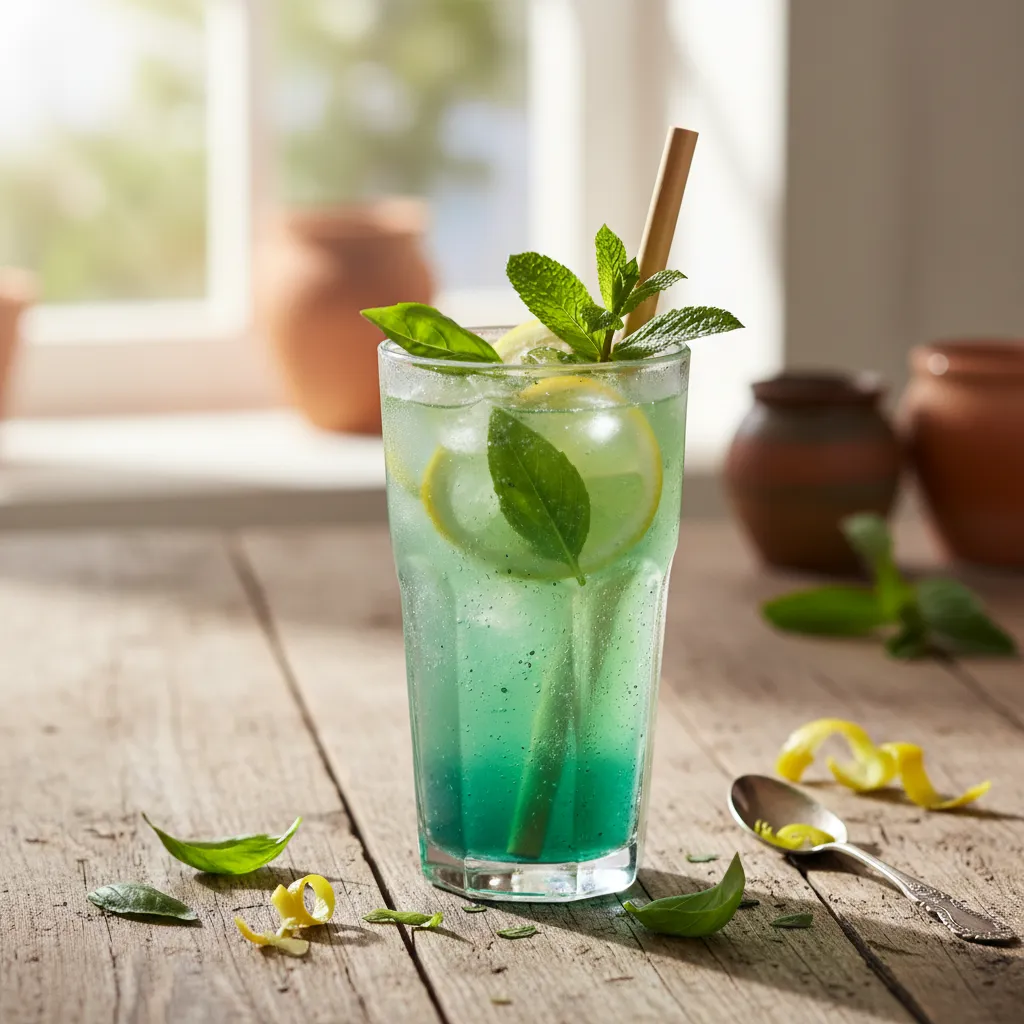 Citrus-Basil Green Tea Spritzer with Spirulina Infusion