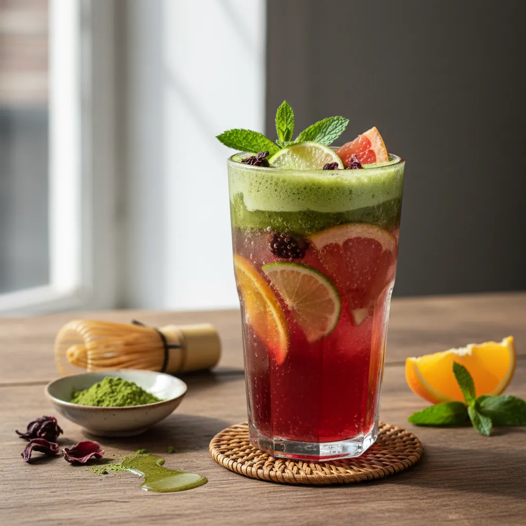 Citrus-Infused Hibiscus Matcha Fizz