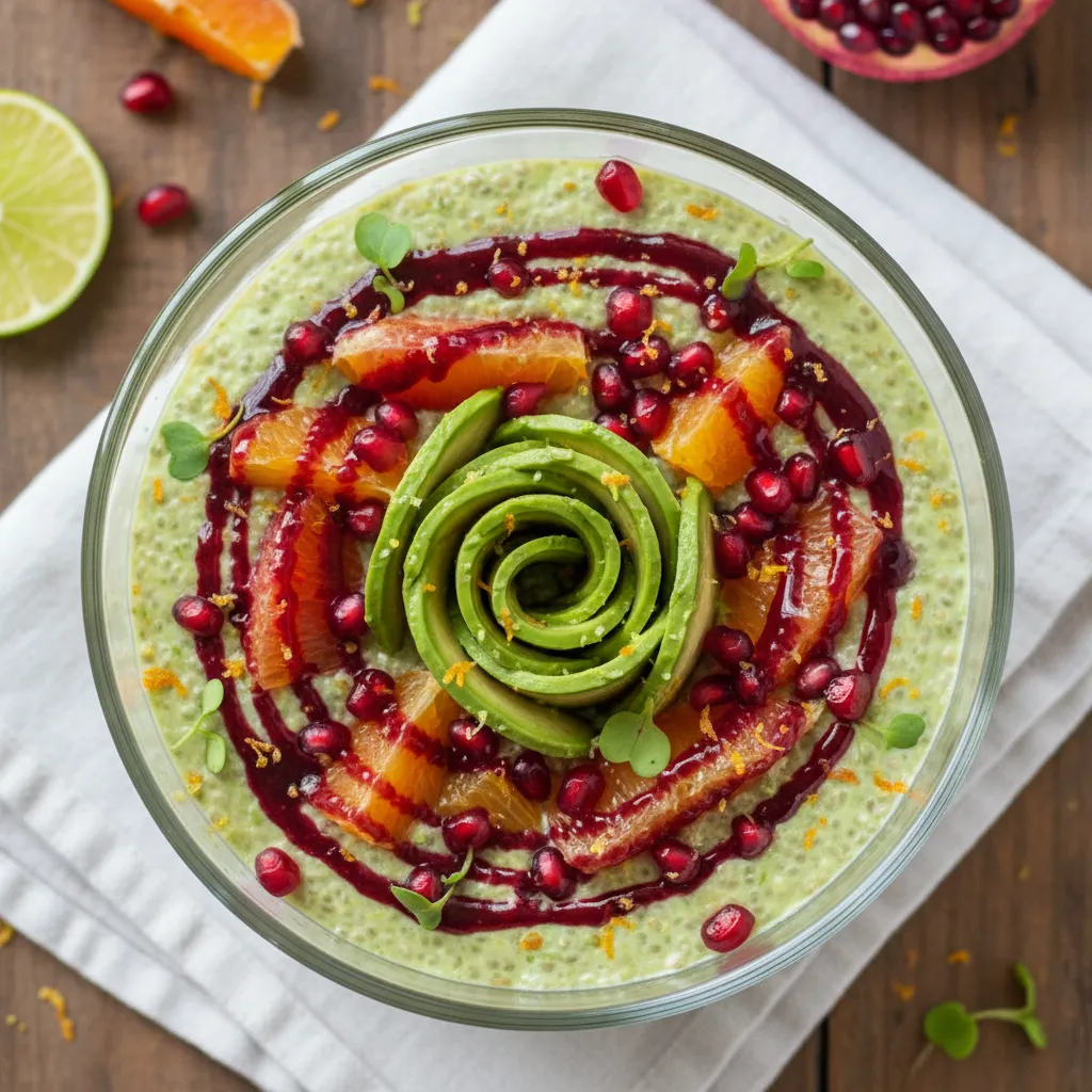 Citrus-Kissed Avocado Rose Chia Pudding with Pomegranate Drizzle