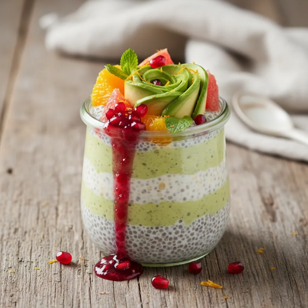 Citrus-Kissed Avocado Rose Chia Pudding with Pomegranate Drizzle