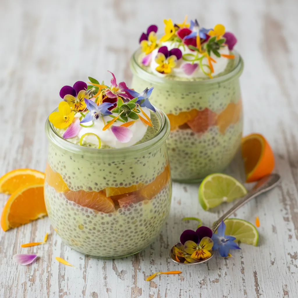 Citrus-Matcha Infused Chia Snack Parfaits with Edible Flower Sprinkles