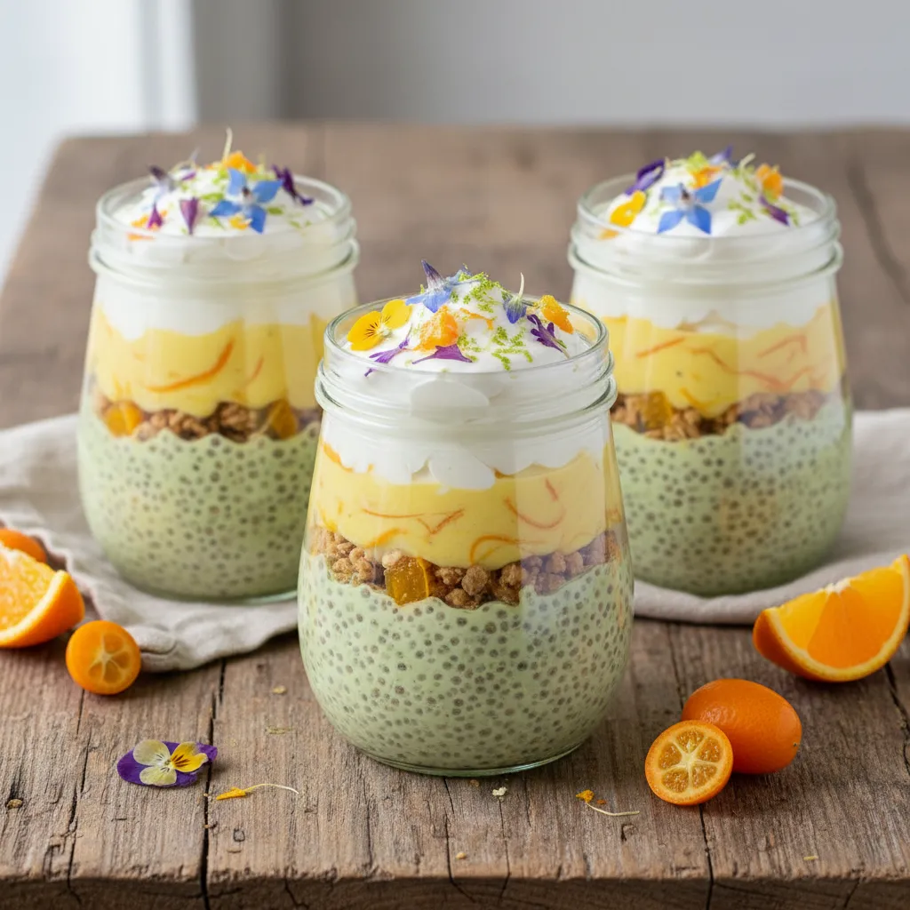 Citrus-Matcha Infused Chia Snack Parfaits with Edible Flower Sprinkles
