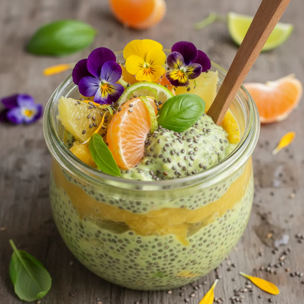 Citrus Basil Avocado Chia Pudding with Edible Flower Garnish