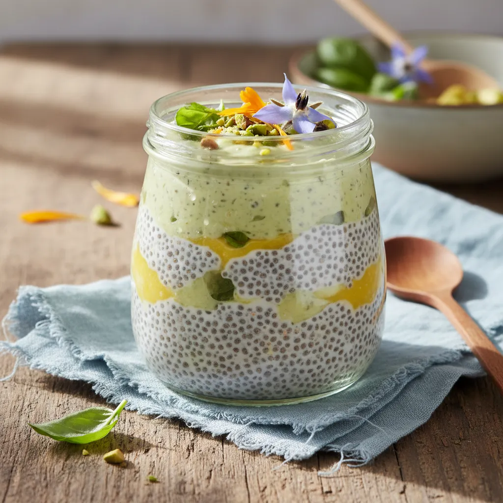 Citrus Basil Avocado Chia Pudding with Edible Flower Garnish