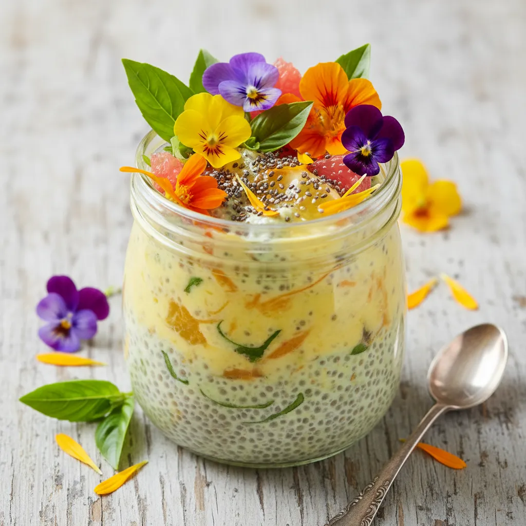 Citrus Basil Chia Pudding with Edible Floral Garnish