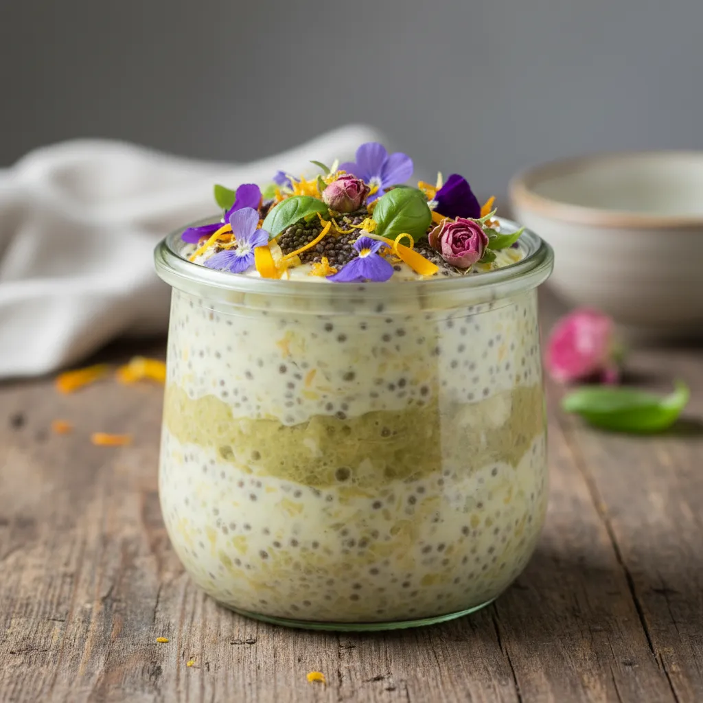 Citrus Basil Chia Pudding with Edible Floral Garnish