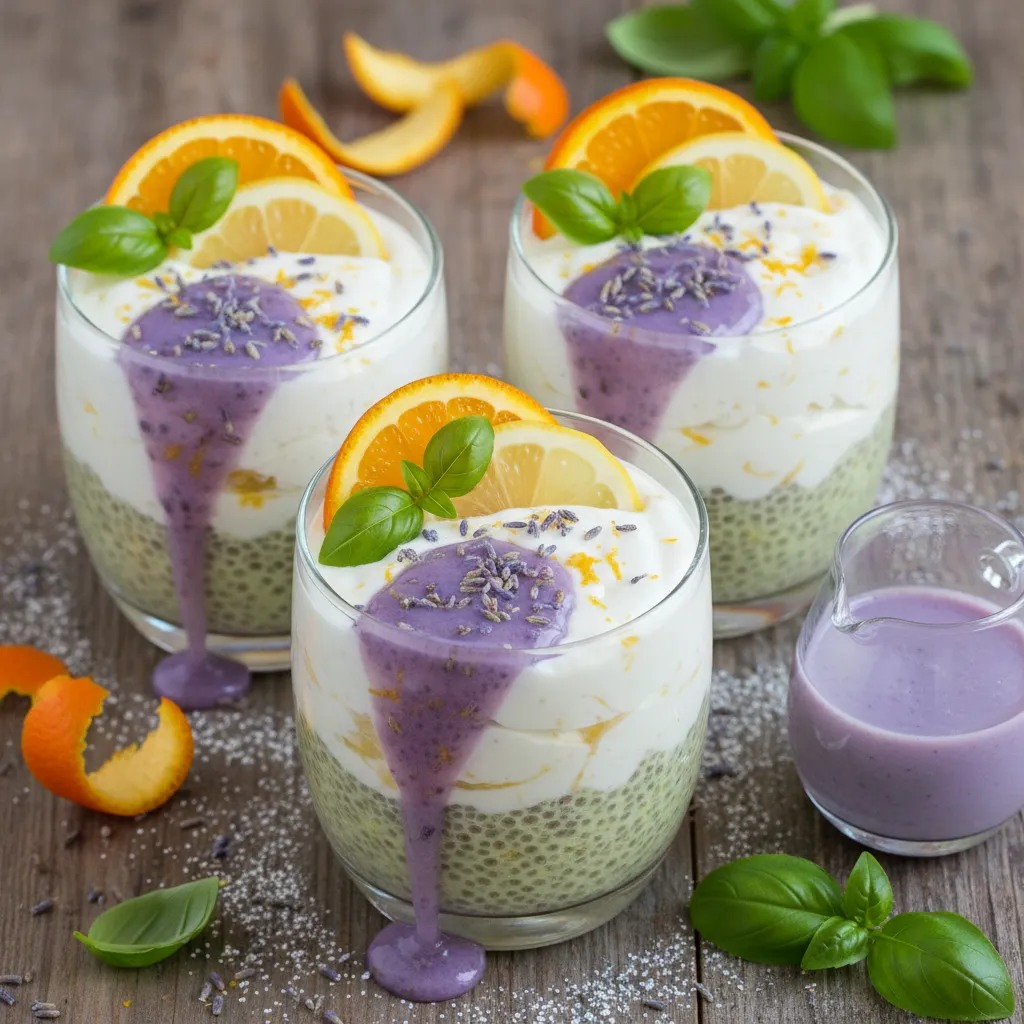 Citrus Basil Cloud Chia Cups with Lavender Drizzle