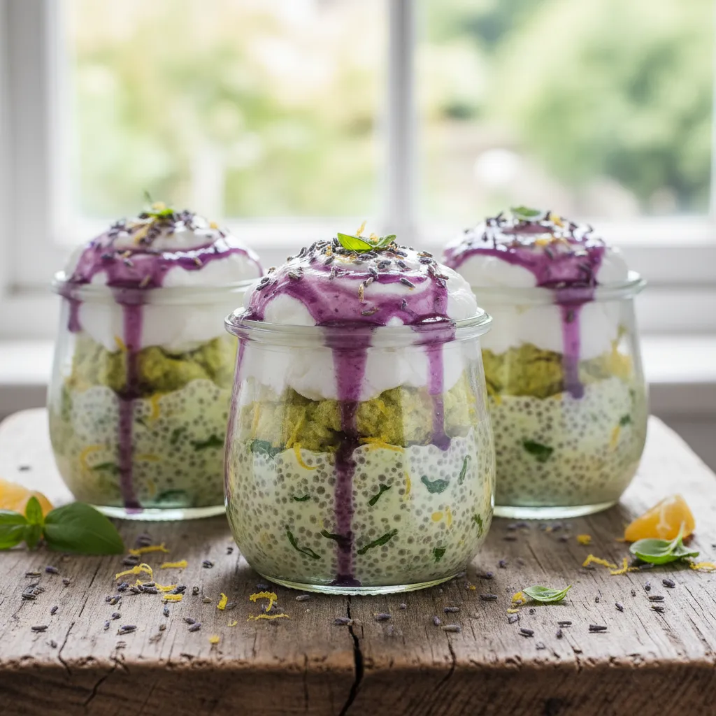 Citrus Basil Cloud Chia Cups with Lavender Drizzle