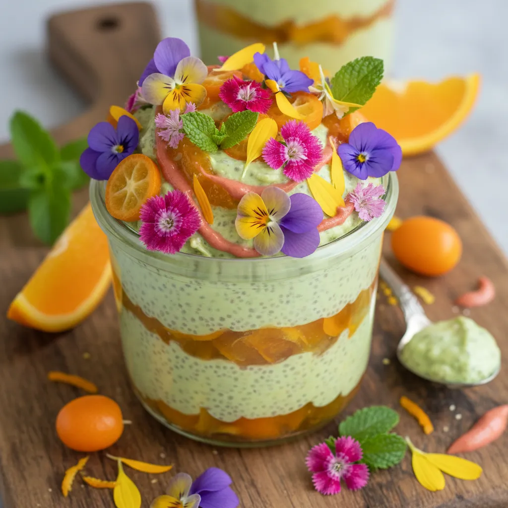 Citrus Blossom Avocado Chia Pudding with Edible Flower Burst
