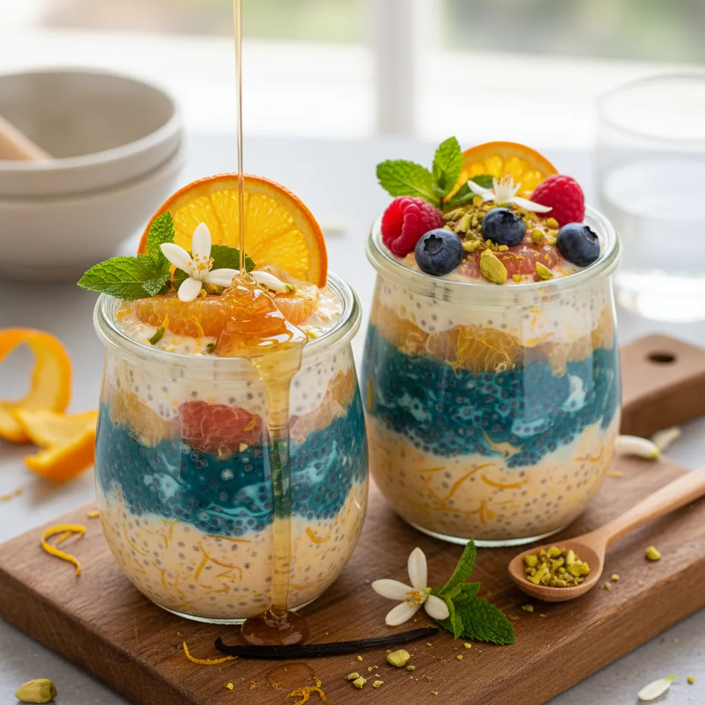 Citrus Blossom Chia Seed Energy Cups with Spirulina Swirl