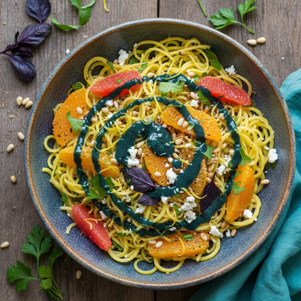 Citrus Herb Spaghetti Squash with Spirulina Drizzle