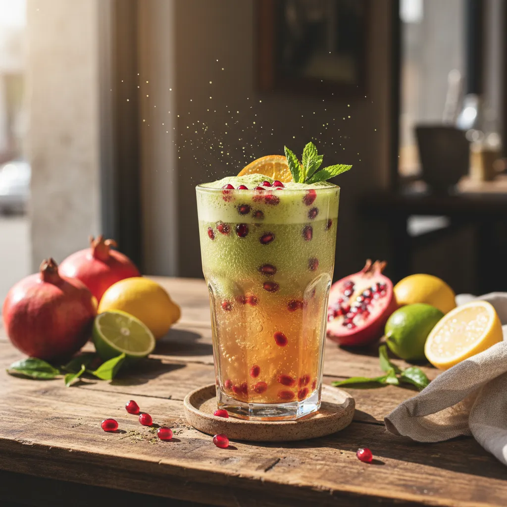 Citrus Matcha Sparkler with Pomegranate Burst