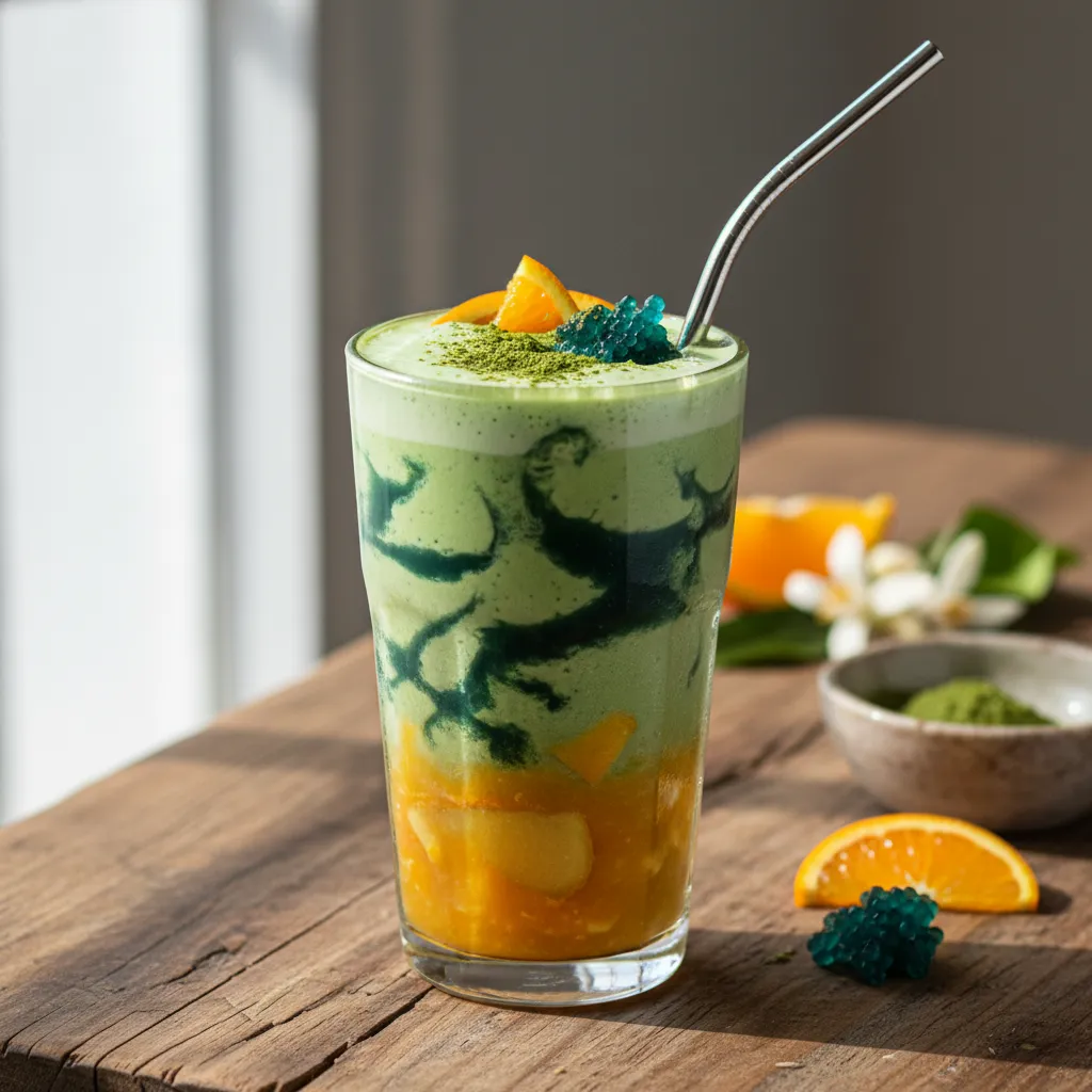 Citrus Matcha Sunrise Smoothie with Spirulina Swirl