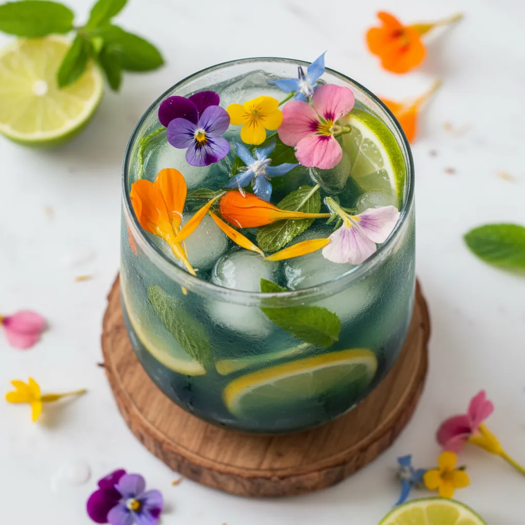 Citrus Mint Spirulina Refresher with Edible Flowers