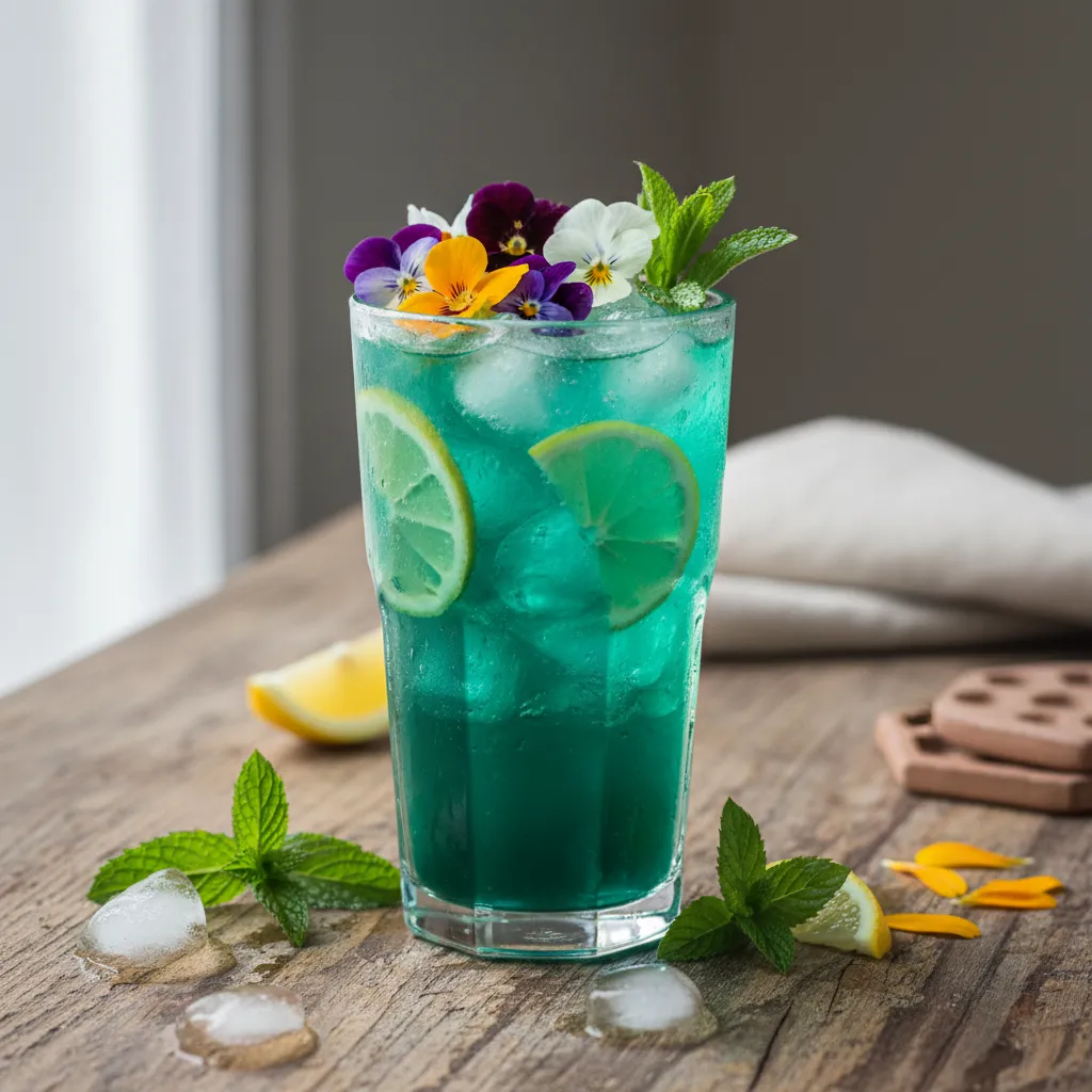 Citrus Mint Spirulina Refresher with Edible Flowers