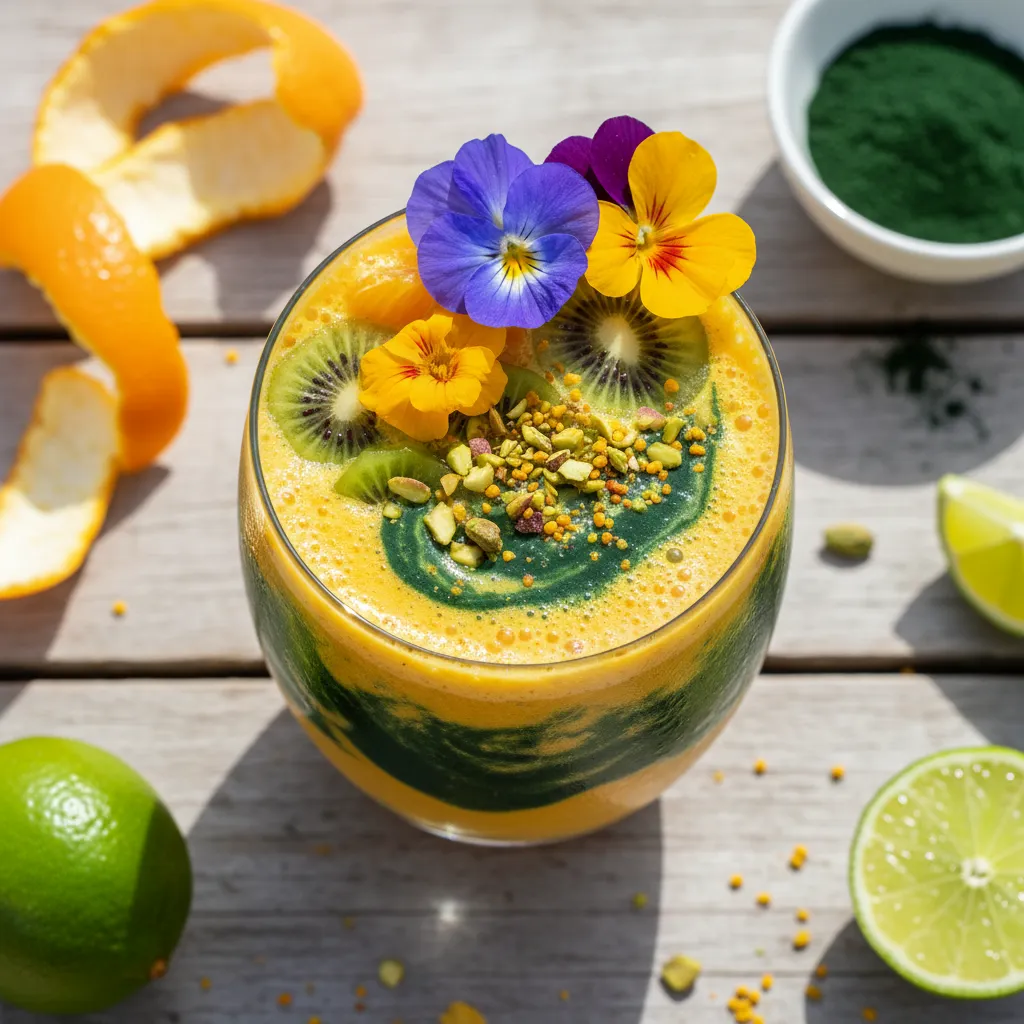 Citrus Zing Smoothie with Spirulina and Edible Flower Garnish