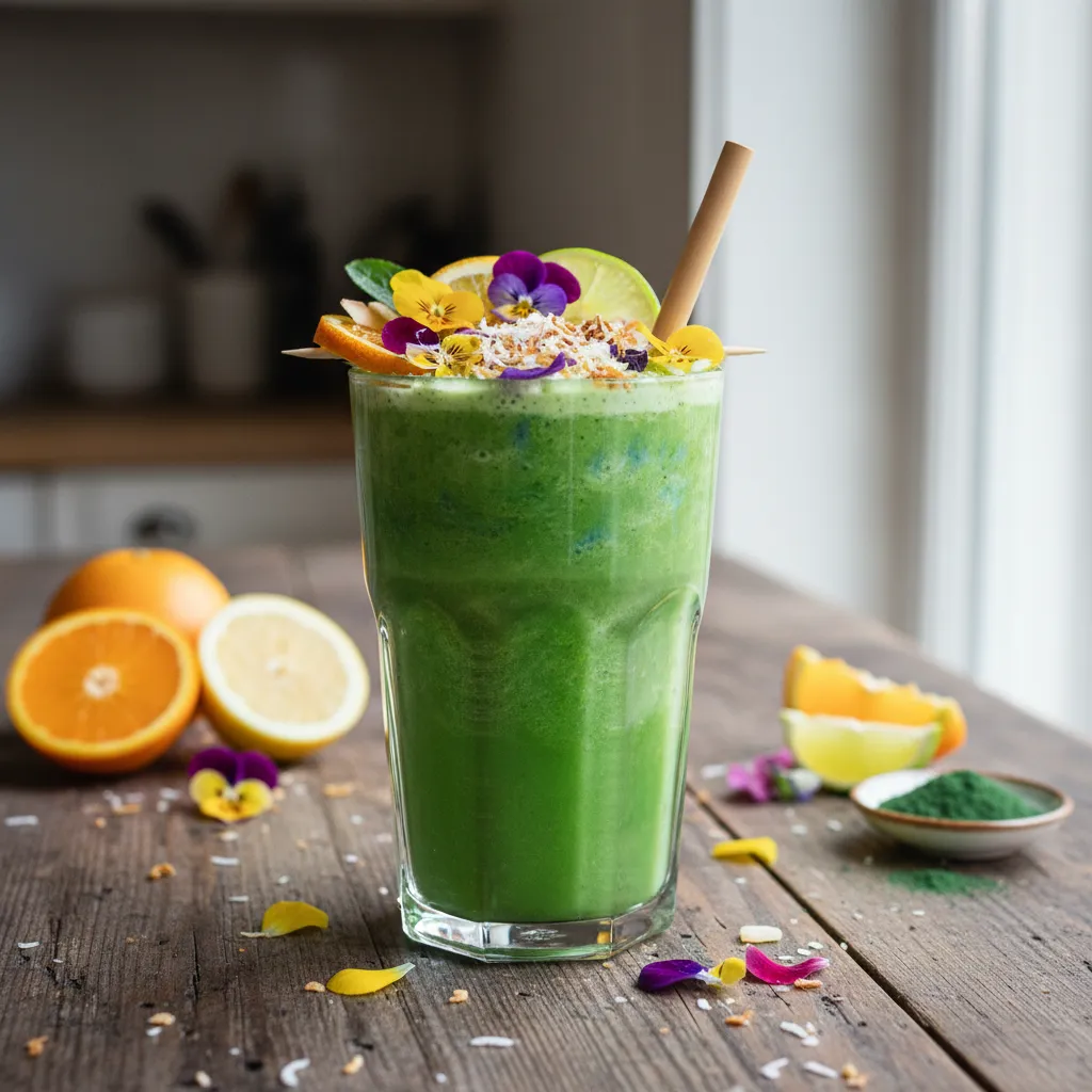 Citrus Zing Smoothie with Spirulina and Edible Flower Garnish