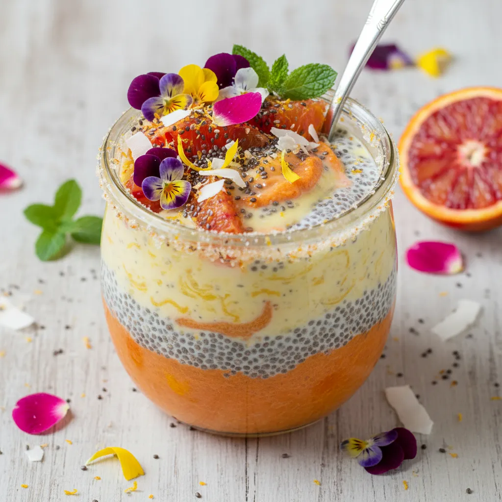 Citrus & Carrot Chia Seed Pudding with Edible Flower Garnish