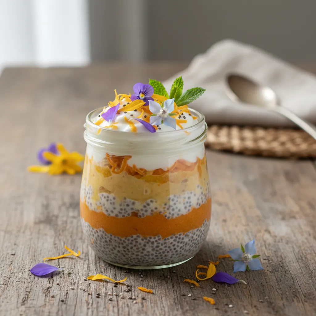 Citrus & Carrot Chia Seed Pudding with Edible Flower Garnish