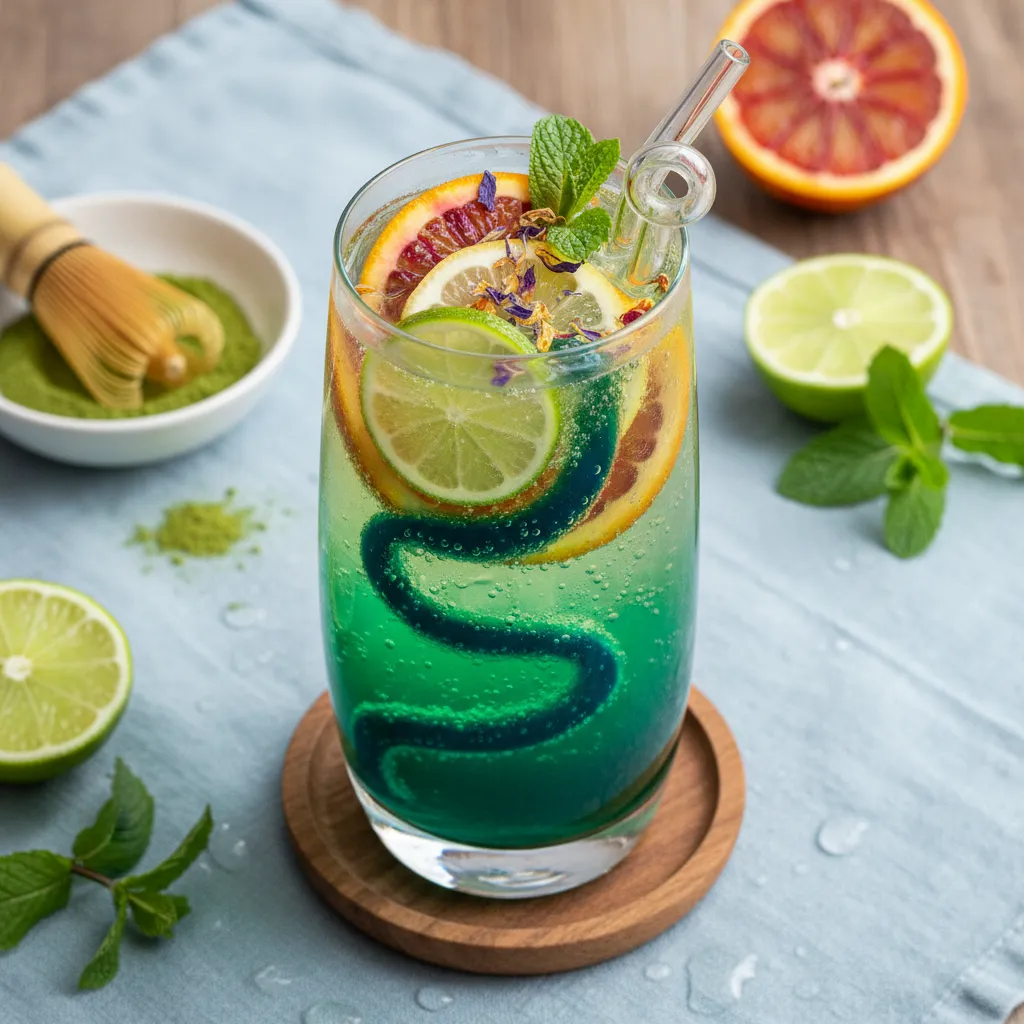 Citrus & Matcha Green Tea Sparkler with Spirulina Twist