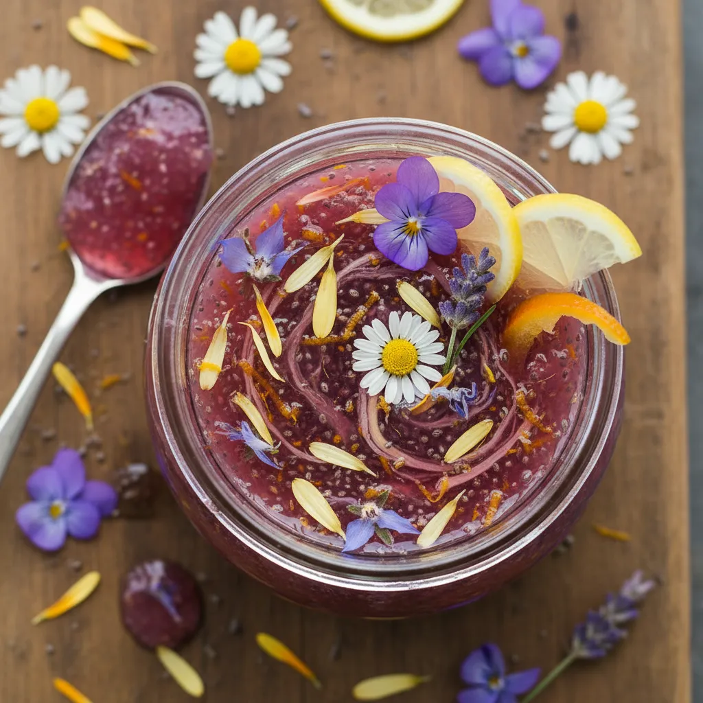 Citrusy Lavender Chia Jam with Edible Flower Swirl