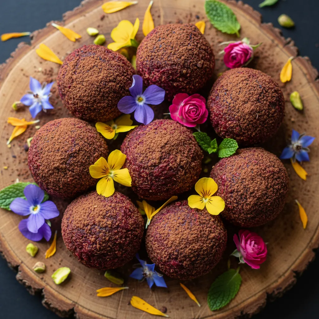 Cocoa-Dusted Beetroot Energy Bites with Edible Flower Garnish