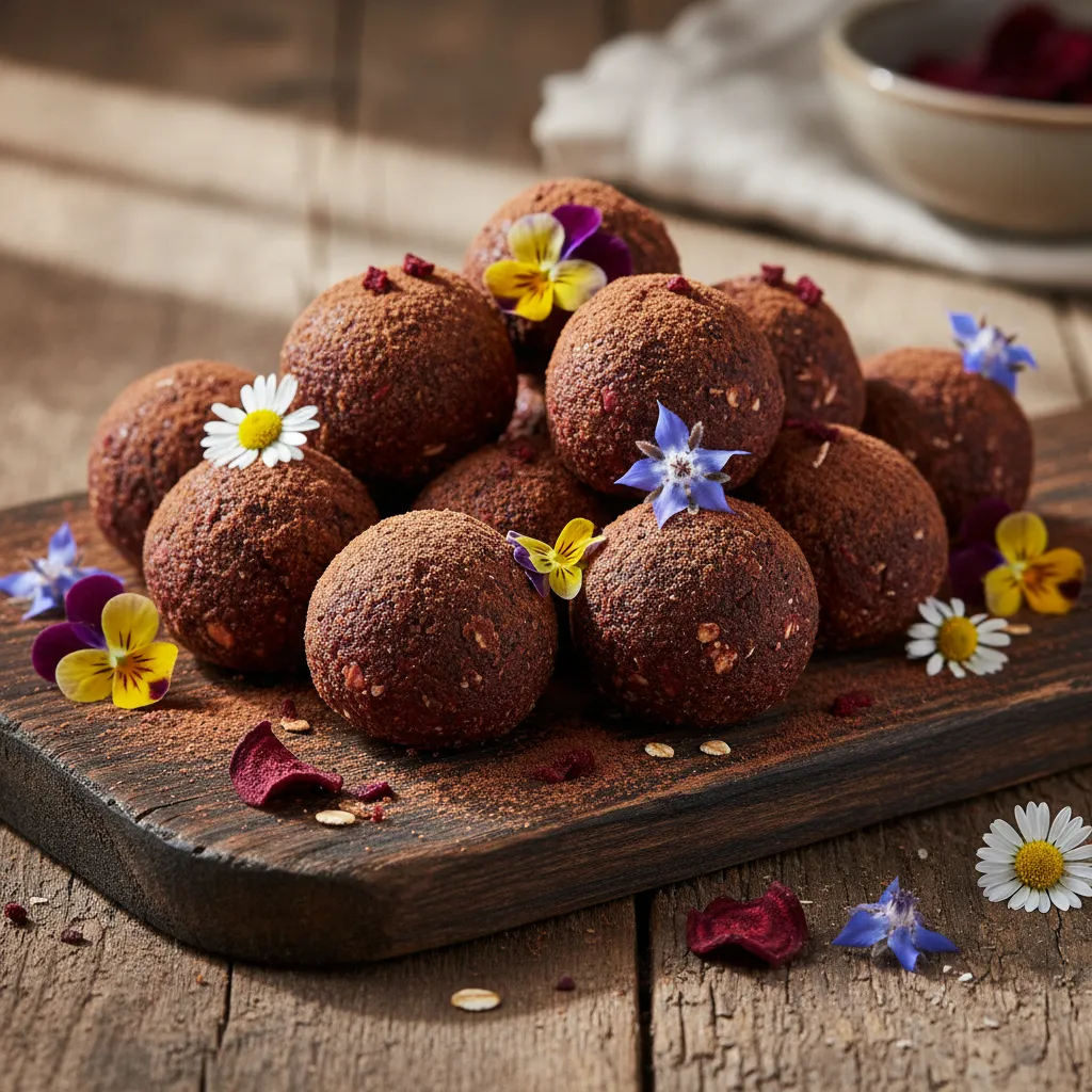 Cocoa-Dusted Beetroot Energy Bites with Edible Flower Garnish