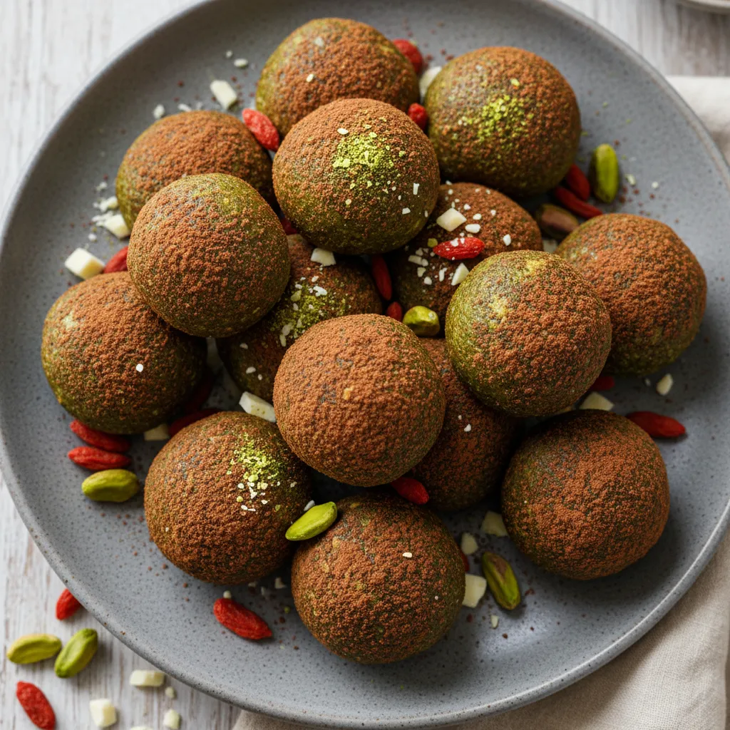Cocoa-Dusted Matcha Energy Bites with Goji Berries