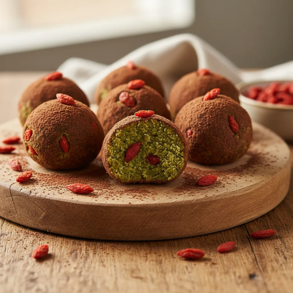 Cocoa-Dusted Matcha Energy Bites with Goji Berries
