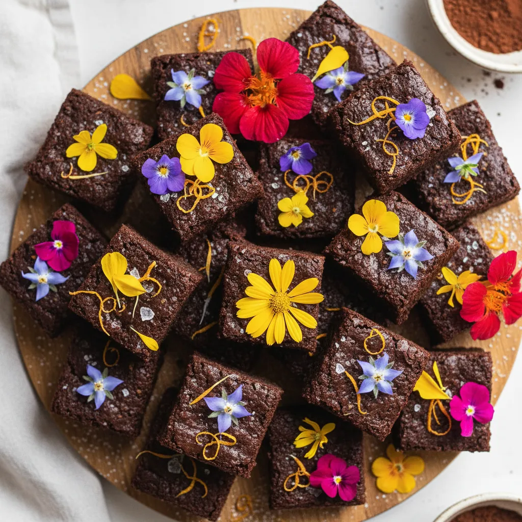 Cocoa-Infused Sweet Potato Brownie Bites with Edible Flower Garnish