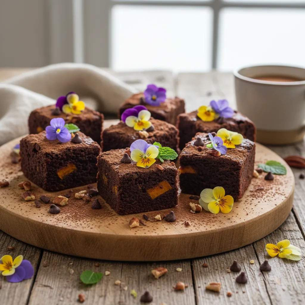 Cocoa-Infused Sweet Potato Brownie Bites with Edible Flower Garnish