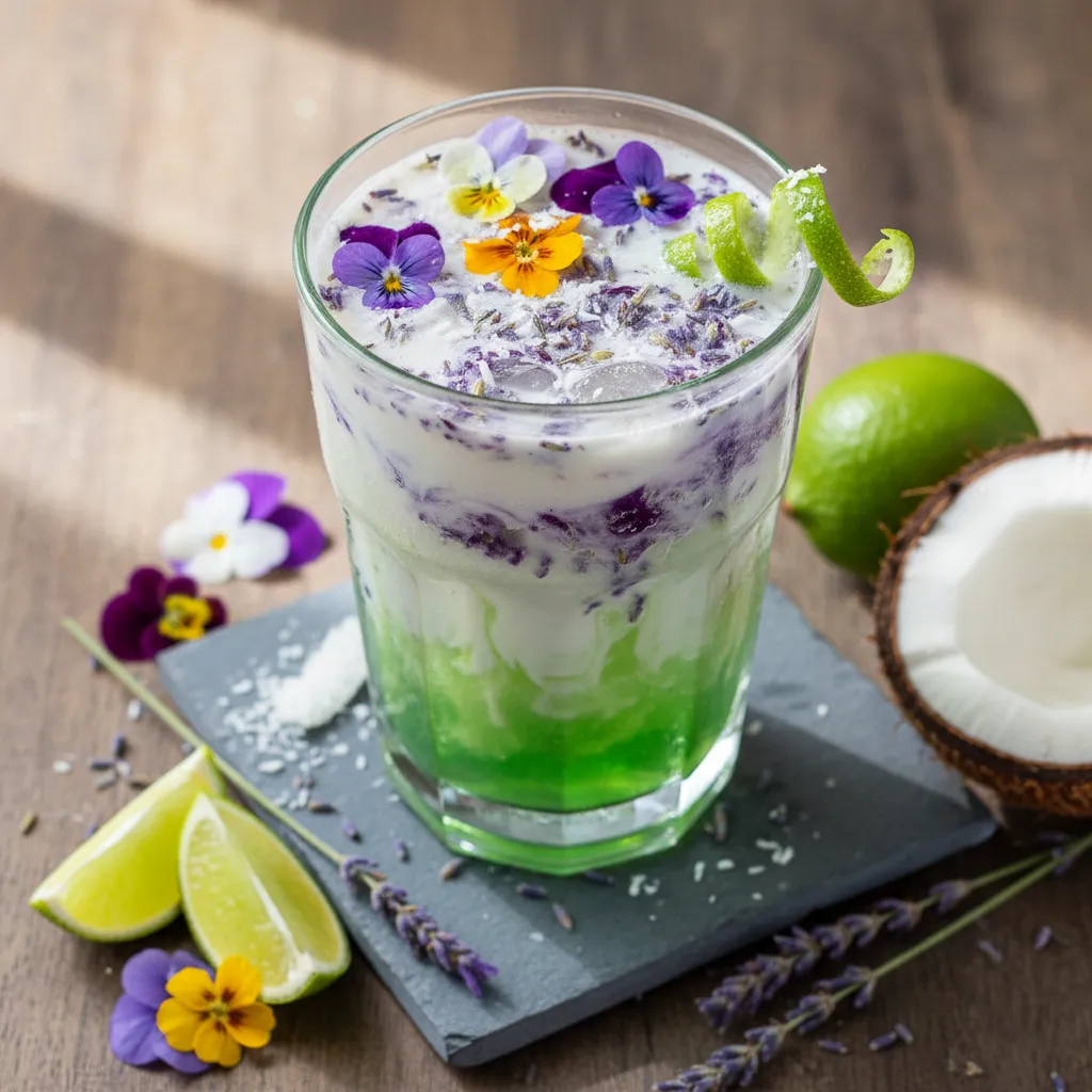 Coconut-Lime Lavender Sparkler with Edible Flowers