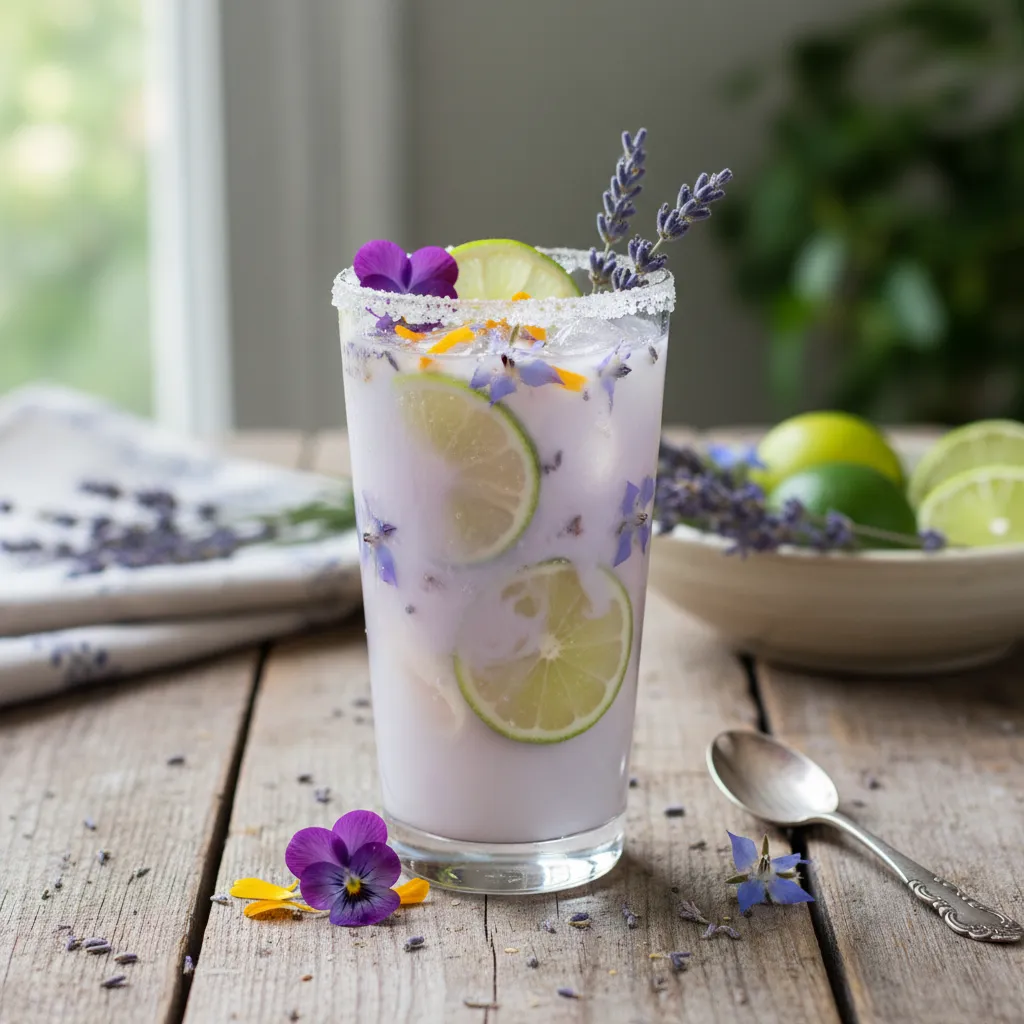 Coconut-Lime Lavender Sparkler with Edible Flowers