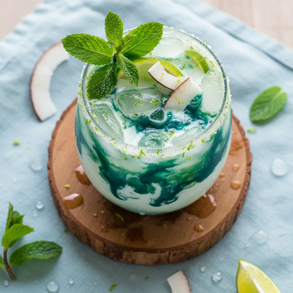 Coconut-Lime Mint Refresher with Spirulina Swirl