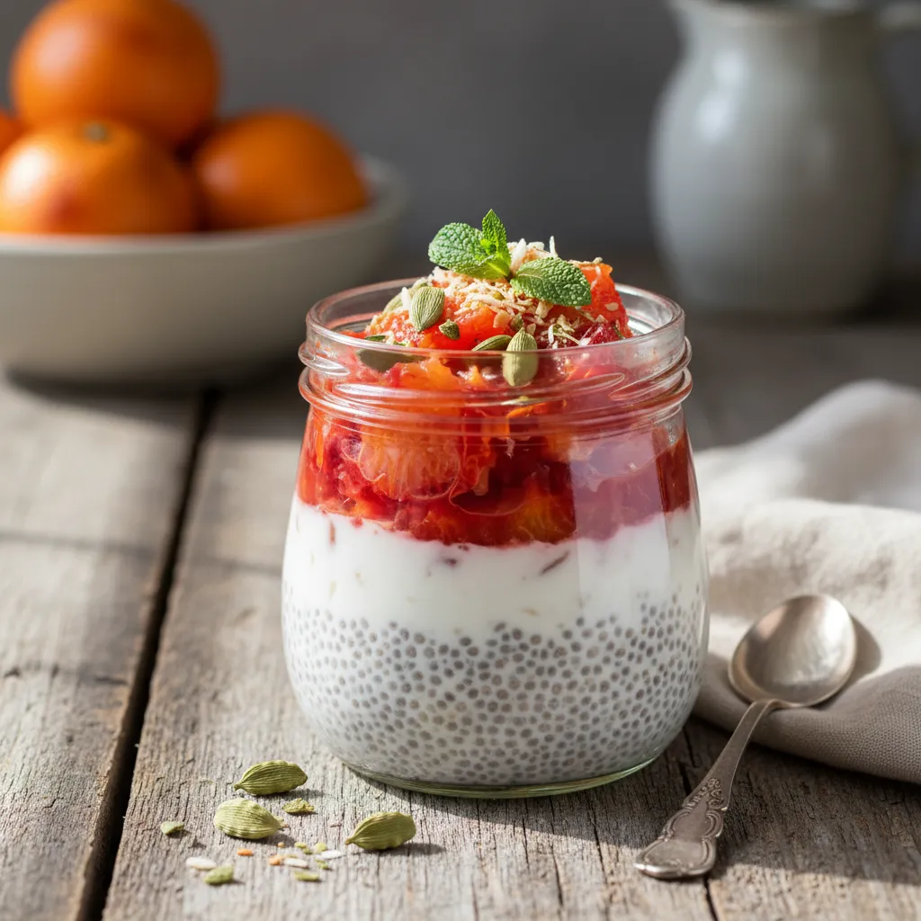 Coconut Chia Pudding with Cardamom-Spiced Blood Orange Compote