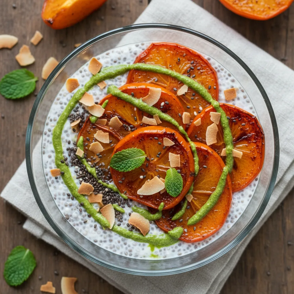 Coconut Chia Pudding with Roasted Persimmon and Matcha Drizzle