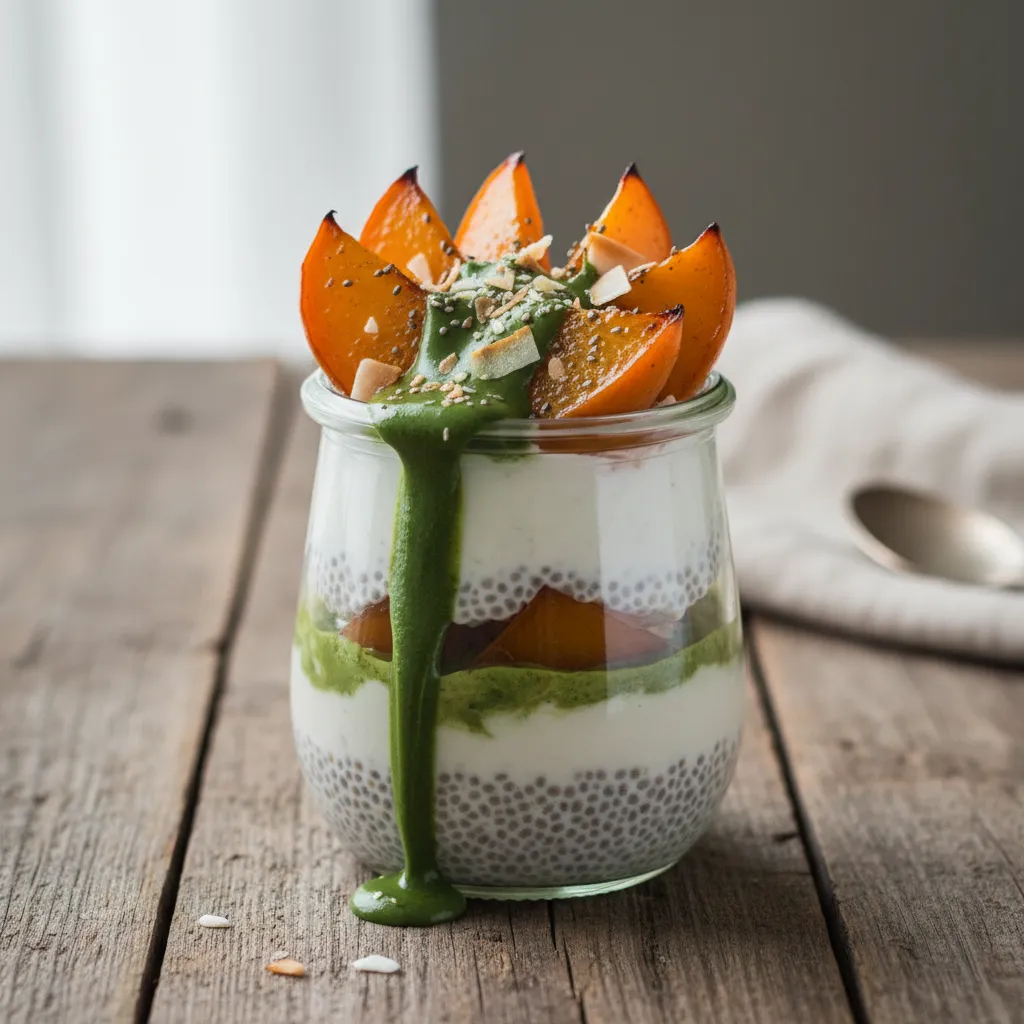 Coconut Chia Pudding with Roasted Persimmon and Matcha Drizzle