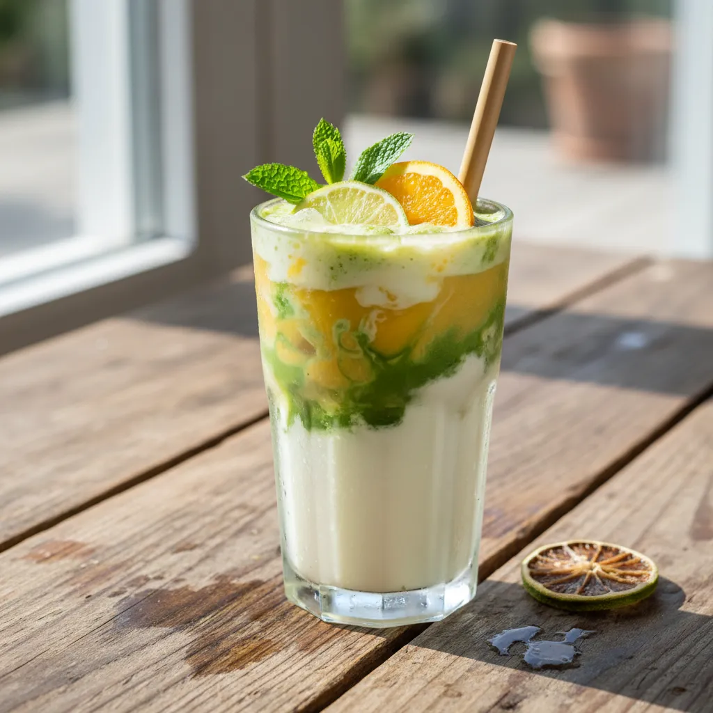 Coconut Mango Citrus Cooler with Matcha Swirl