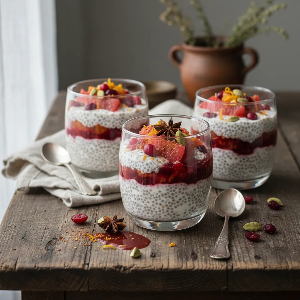 Cranberry-Cardamom Chia Pudding Parfaits with Spiced Citrus Compote